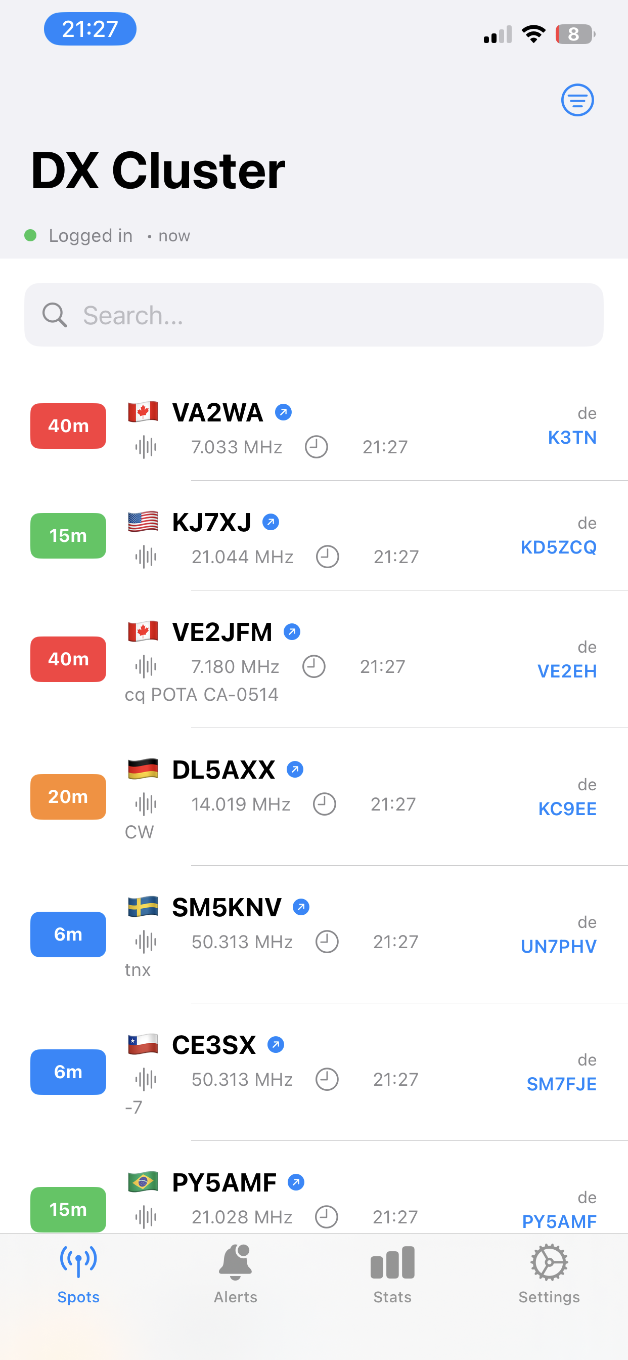 DX Cluster Monitor – Spots screen